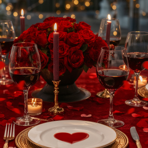 Romantična grajska miza s svečami, vinom in vrtnicami za valentinovo kosilo v Dvorcu Strmol Rogatec.